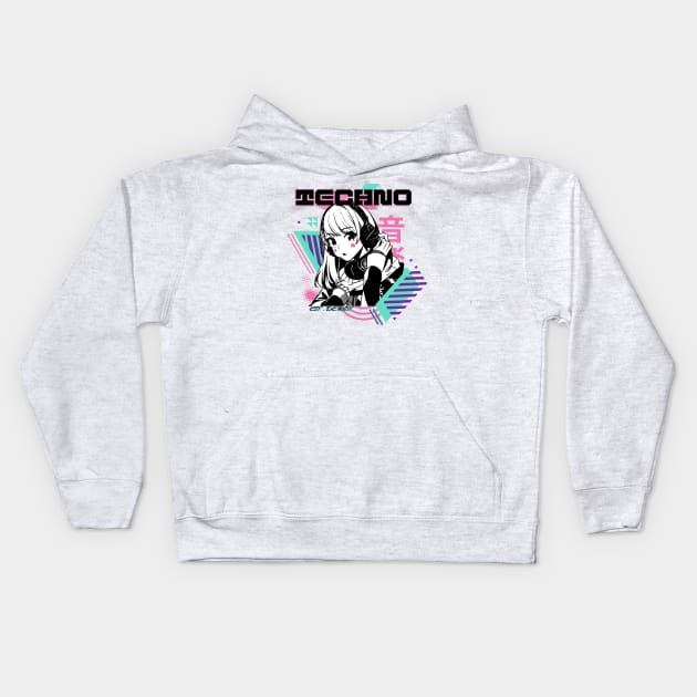 TECHNO - Y2K Anime (Black/teal/pink) Kids Hoodie by DISCOTHREADZ 